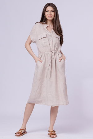 Rochii din In - Rochie de vara midi din in cu buzunare si siret in talie, bej