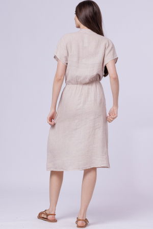 Rochie de vara midi din in cu buzunare si siret in talie, bej [2]