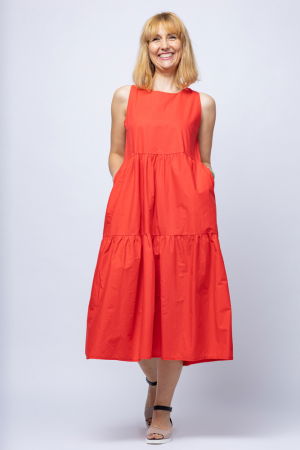 Rochii din Bumbac - Rochie de vara rosie fara maneci, cu trei volane, din poplin de bumbac