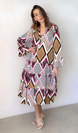 Rochii Casual - Rochie din bumbac cu volane si imprimeu romburi