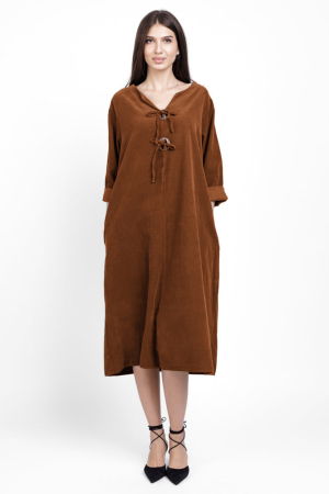 Rochii Casual - Rochie din catifea reiata, cu nasturi mari de lemn pe piept, coniac