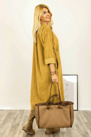 Rochie din catifea reiata, cu nasturi mari de lemn pe piept, galben mustar [1]