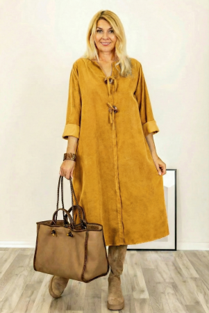 Rochii Casual - Rochie din catifea reiata, cu nasturi mari de lemn pe piept, galben mustar
