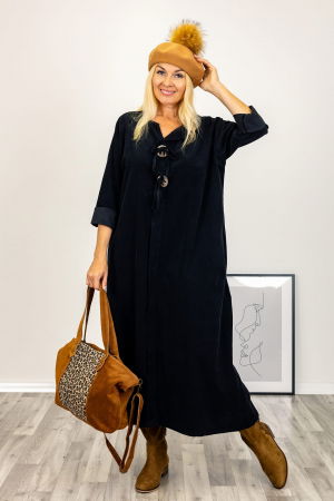 Rochie din catifea reiata, cu nasturi mari de lemn pe piept, neagra [5]