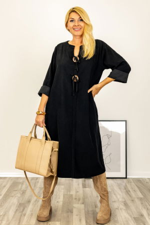 Rochii din Catifea Reiata - Rochie din catifea reiata, cu nasturi mari de lemn pe piept, neagra