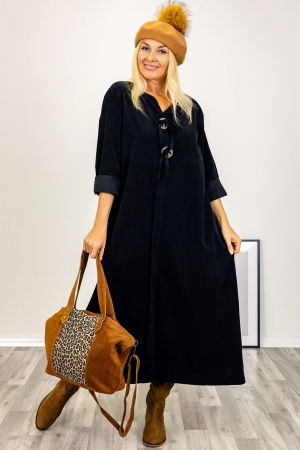 Rochii - Rochie din catifea reiata, cu nasturi mari de lemn pe piept, neagra