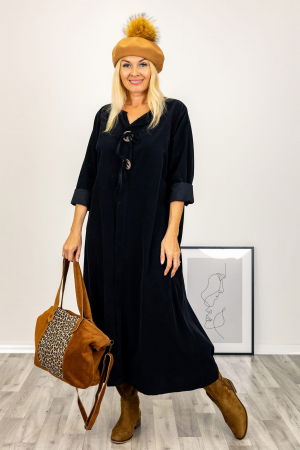 Rochie din catifea reiata, cu nasturi mari de lemn pe piept, neagra [2]