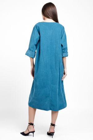 Rochie din catifea reiata, cu nasturi mari de lemn pe piept, turcoaz [2]