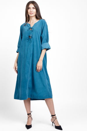 Rochii Casual - Rochie din catifea reiata, cu nasturi mari de lemn pe piept, turcoaz