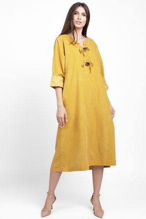 Rochie din catifea reiata, cu nasturi mari de lemn pe piept, galben mustar [1]
