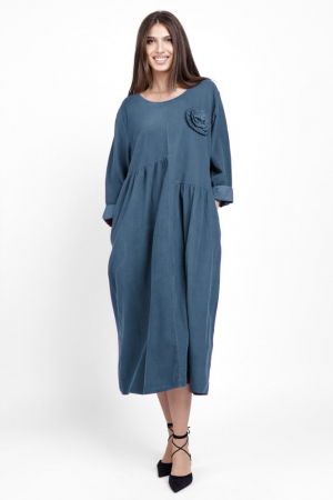 Rochie din catifea reiata, cu taieturi asimetrice si floare aplicata, albastru jeans [1]