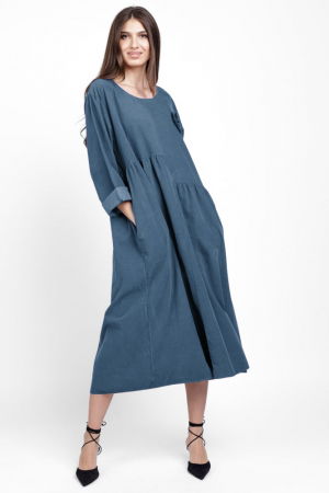 Rochii din Bumbac - Rochie din catifea reiata, cu taieturi asimetrice si floare aplicata, albastru jeans