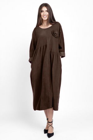 Rochie din catifea reiata, cu taieturi asimetrice si floare aplicata, maro [1]