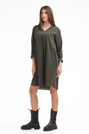 Rochie scurta tip camasa din catifea reiata verde, kaki [1]