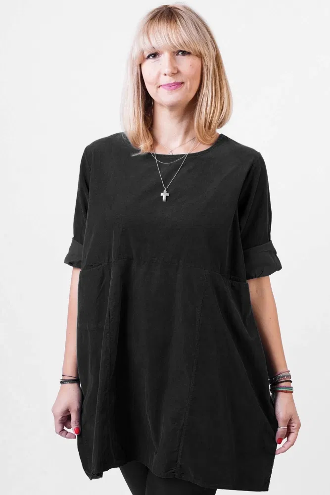 Rochii masuri mari - Rochie din catifea reiata, oversize, neagra