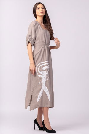 Rochie din vascoza bej, cu elastic sub bust si imprimeu [4]