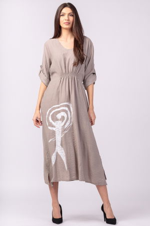 Rochii Casual - Rochie din vascoza bej, cu elastic sub bust si imprimeu