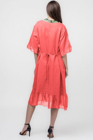 Rochie din in corai, cu volane din matase si snur in talie [2]