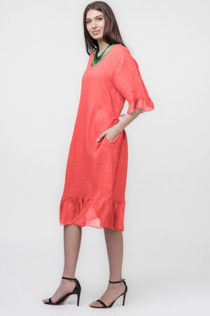 Rochie din in corai, cu volane din matase si snur in talie [1]