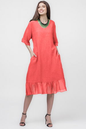 Rochii din In - Rochie din in corai, cu volane din matase si snur in talie