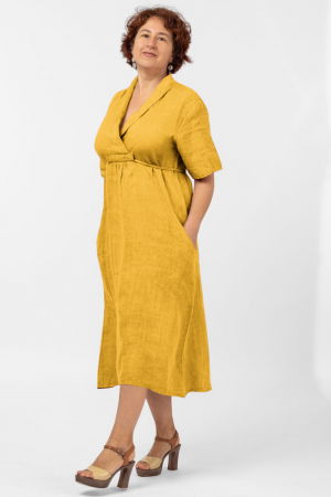 Rochii din In - Rochie din in, cu decolteu in V si siret sub bust, mustar