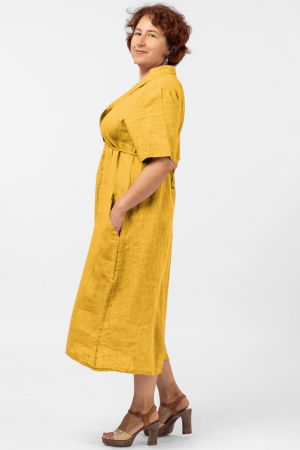 Rochie din in, cu decolteu in V si siret sub bust, mustar [1]