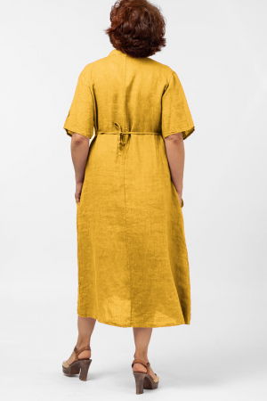 Rochie din in, cu decolteu in V si siret sub bust, mustar [2]