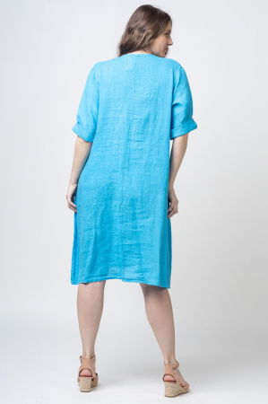 Rochie din in cu snur in talie, albastru azzuro [4]