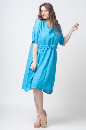 Rochie din in cu snur in talie, albastru azzuro [2]