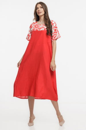 Rochii de Vară - Rochie din in mercerizat, cu croi lejer si design minimalist rosie cu platca mica imprimata