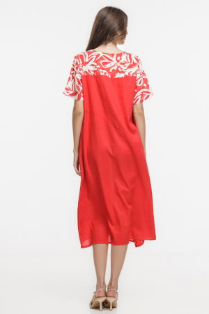 Rochie din in mercerizat, cu croi lejer si design minimalist rosie cu platca mica imprimata [4]