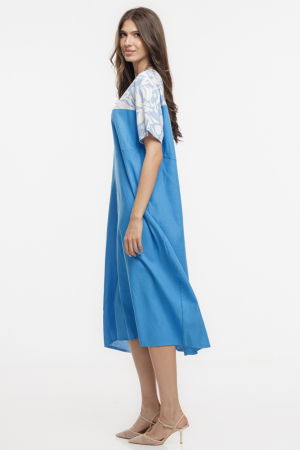 Rochie din in mercerizat, cu croi lejer si design minimalist albastra cu platca mica imprimata [2]