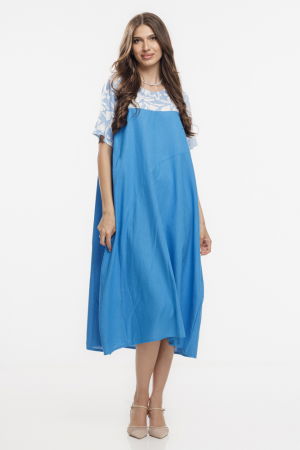 Rochii din In - Rochie din in mercerizat, cu croi lejer si design minimalist albastra cu platca mica imprimata