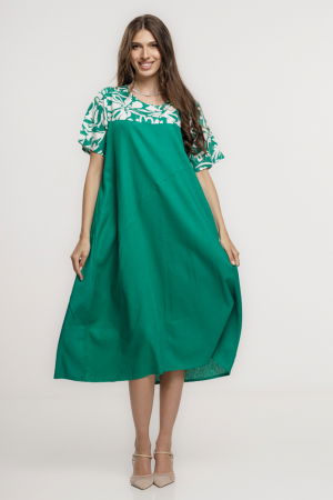 Rochii de Vară - Rochie din in mercerizat, cu croi lejer si design minimalist verde cu platca mica imprimata