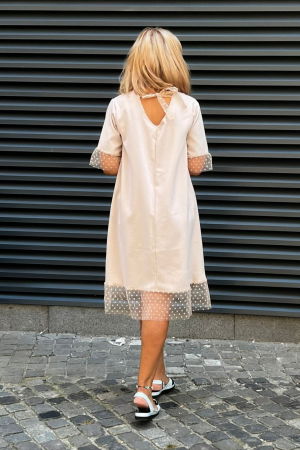 Rochie din in mercerizat cu volanas tulle si funda spate, ivoire [2]