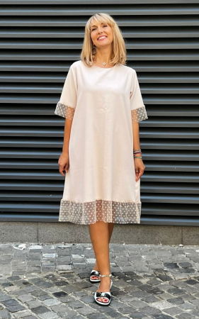 Rochie din in mercerizat cu volanas tulle si funda spate, ivoire [1]