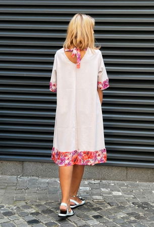 Rochie din in mercerizat cu volanas imprimat si funda spate, gri deschis [2]