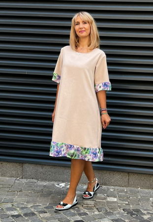 Rochie din in mercerizat cu volanas imprimat si funda spate, bej [2]