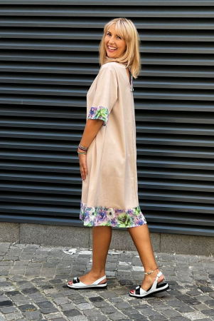 Rochie din in mercerizat cu volanas imprimat si funda spate, bej [3]