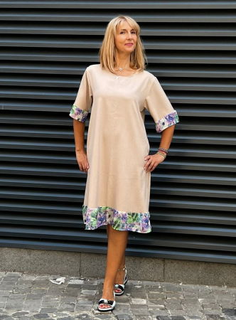 Rochii din In - Rochie din in mercerizat cu volanas imprimat si funda spate, bej