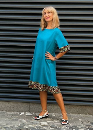 Rochie din in mercerizat cu volanas imprimat si funda spate, turcoaz [2]
