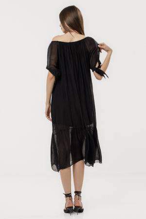 Rochie din matase si vascoza cu detalii feminine si croiala lejera, neagra [3]