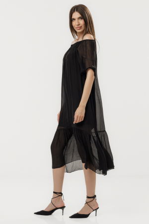 Rochie din matase si vascoza cu detalii feminine si croiala lejera, neagra [2]