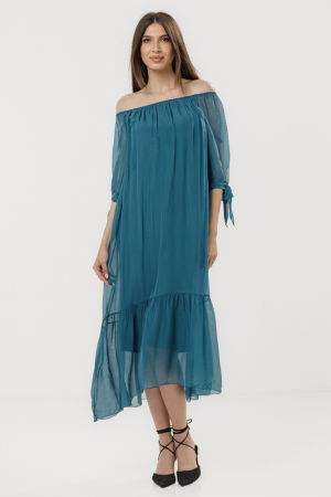 Rochie din matase si vascoza cu detalii feminine si croiala lejera, turcoaz inchis [0]