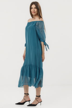 Rochie din matase si vascoza cu detalii feminine si croiala lejera, turcoaz inchis [2]