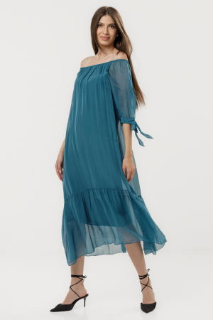 Rochie din matase si vascoza cu detalii feminine si croiala lejera, turcoaz inchis [1]