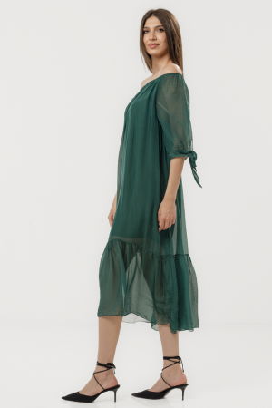 Rochie din matase si vascoza cu detalii feminine si croiala lejera, verde forest [2]