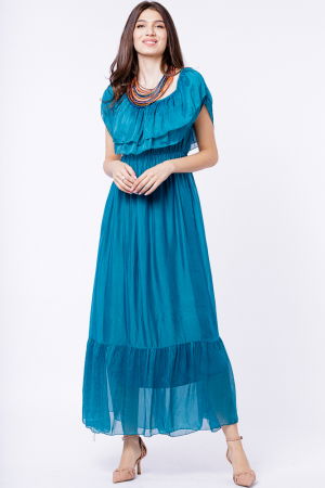 Rochii Elegante & Office - Rochie lunga, turcoaz, din matase si vascoza, cu volan pe umeri