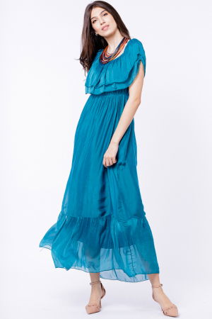 Rochie lunga, turcoaz, din matase si vascoza, cu volan pe umeri [1]