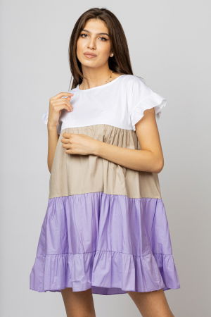 Rochie din poplin de bumbac cu trei volane colorate lila - bej - alb [2]